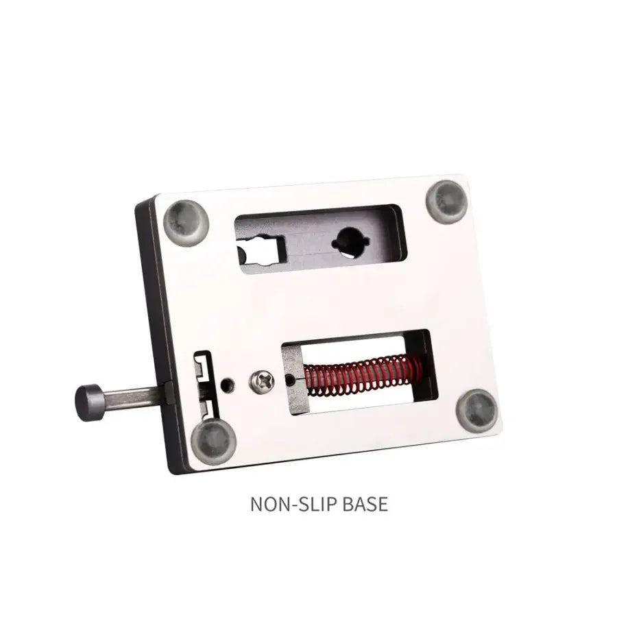 PhoneFix universal dot matrix motherboard test fixture for iPhone X and 11 Pro Max Face ID repair, showing the fixture setup.