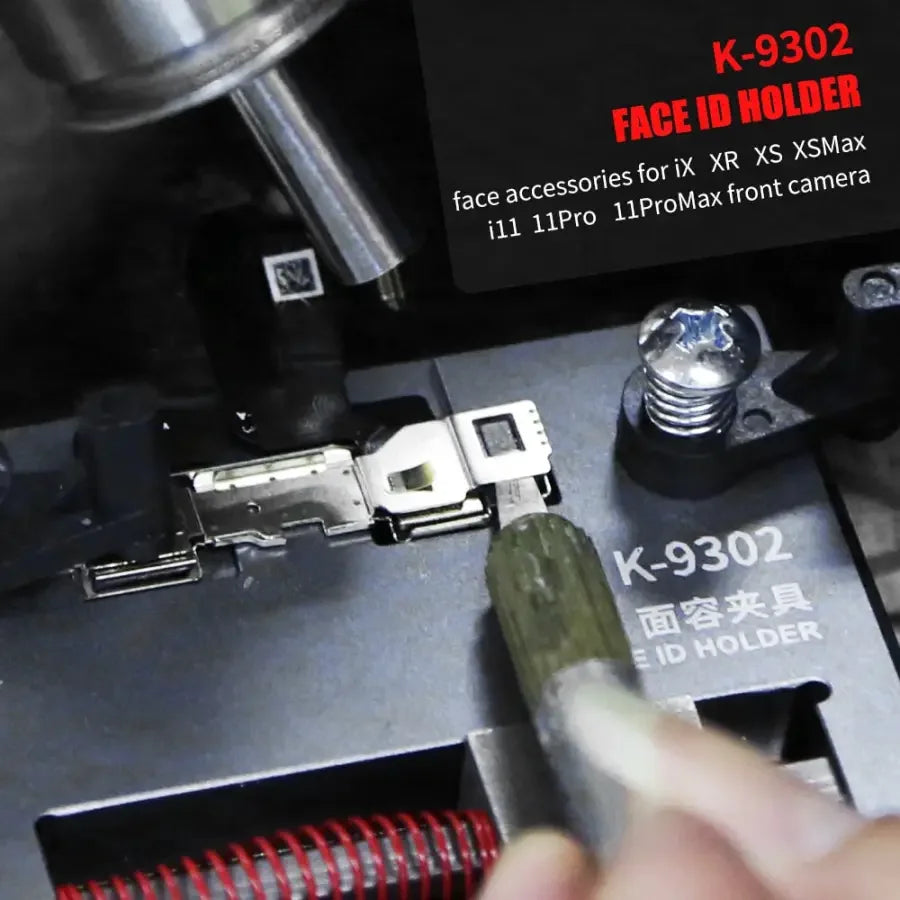 PhoneFix universal dot matrix motherboard test fixture for iPhone X and iPhone 11 Pro Max Face ID repair, showcasing test points and connectors.