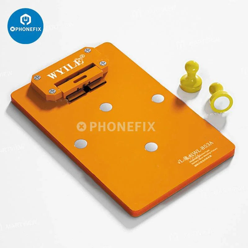 Phonefix WL-853A magnetic spot welding holder fixture for BGA soldering and motherboard testing, with battery test functionality.