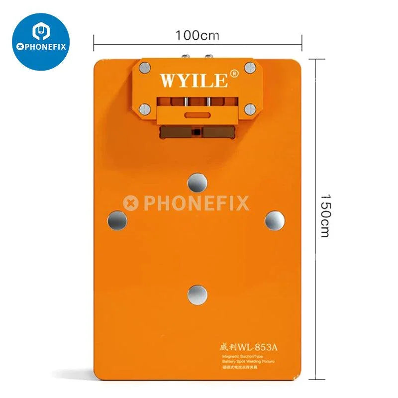 PhoneFix WL-853A magnetic spot welding holder fixture for motherboard BGA soldering and battery testing.