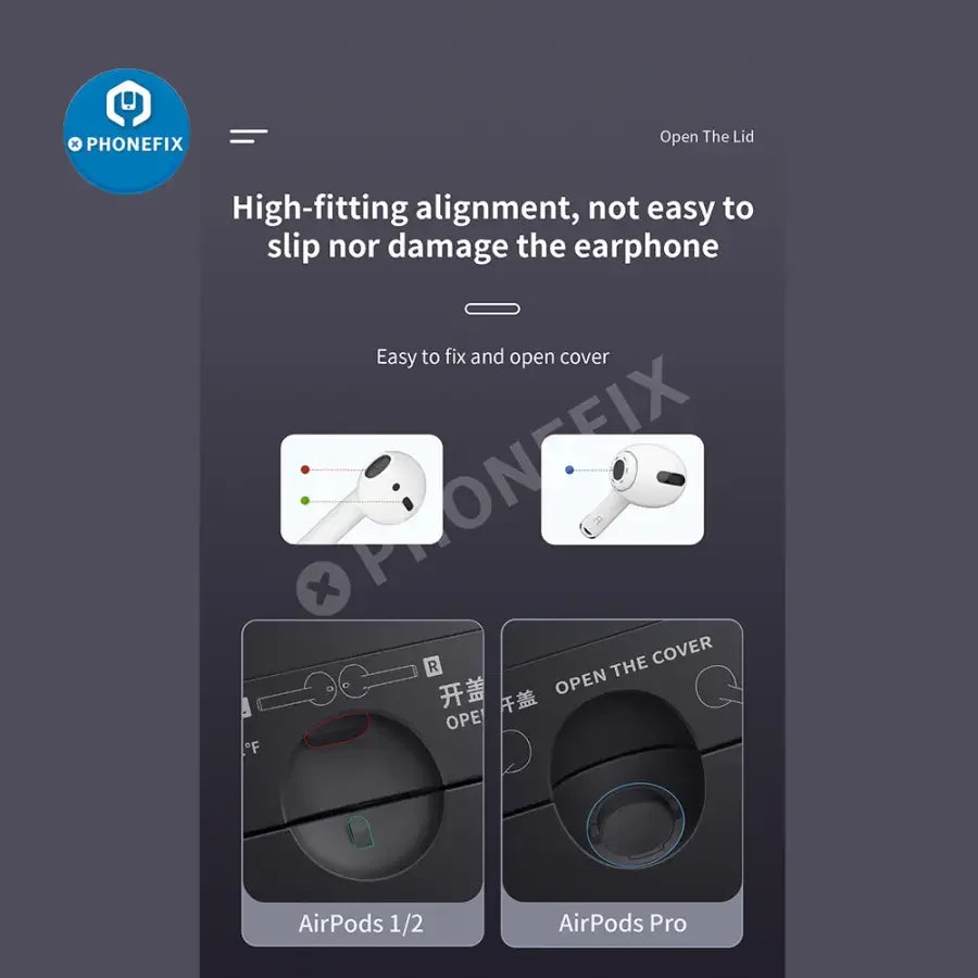 PhoneFix QIANLI headset fixture for AirPods 1/2/Pro, motherboard test fixture and battery disassembly holder.