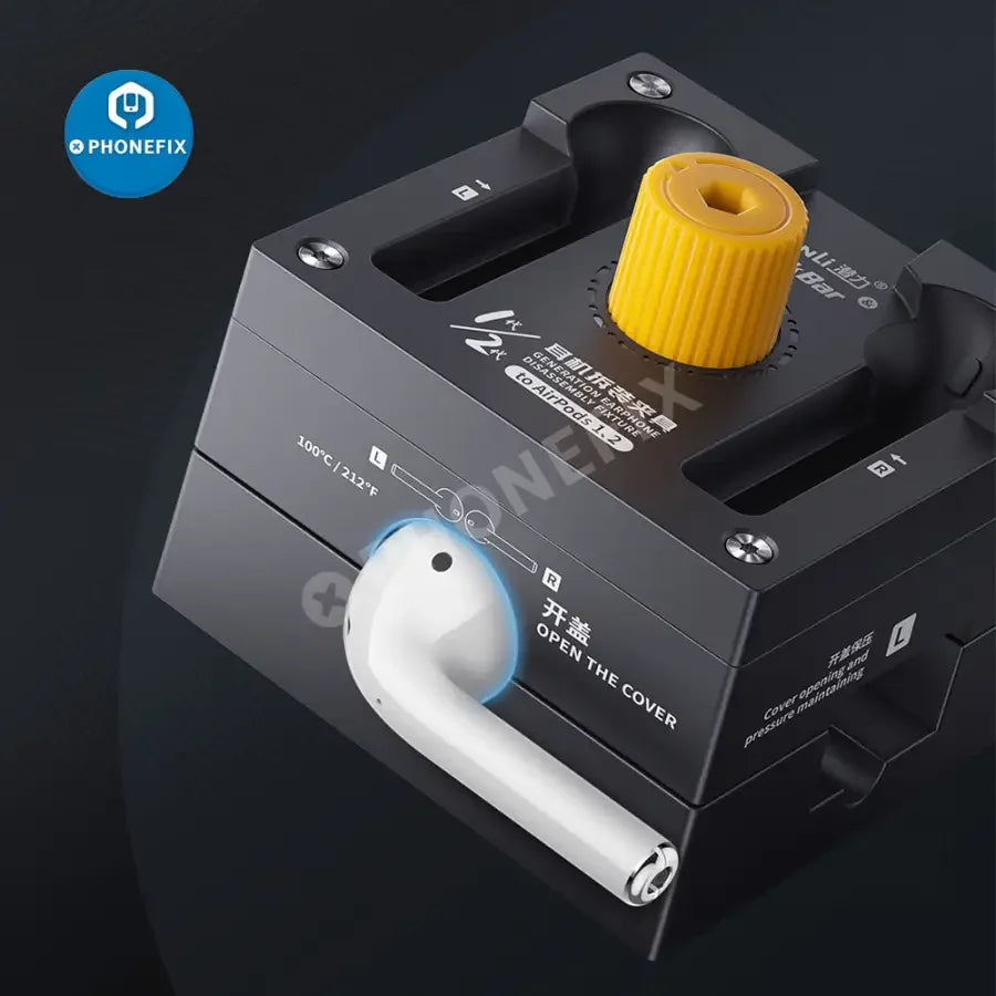 QIANLI headset fixture for AirPods 1, 2, Pro, used as a motherboard test and battery disassembly holder by PHONEFIX.