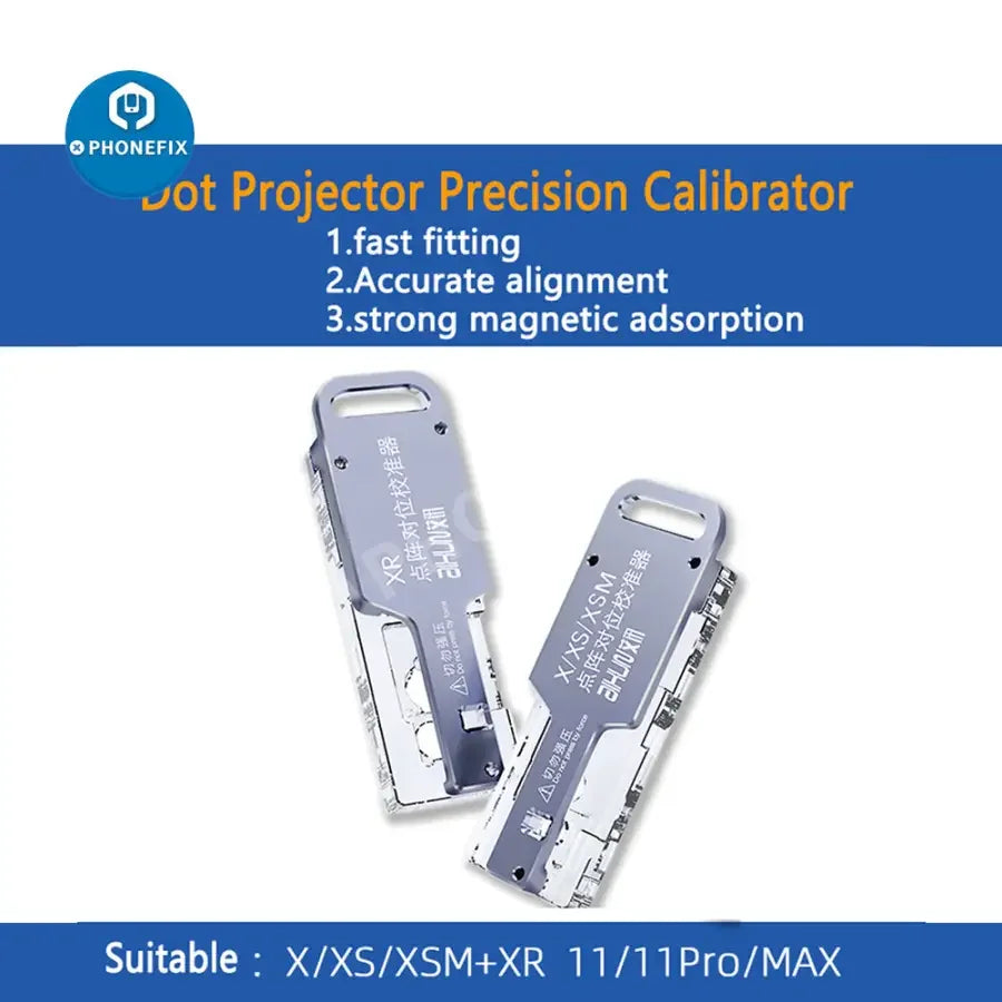 PhoneFix JCID AiXun Dot Projector motherboard test fixture for iPhone X to iPhone 11 Pro Max, used for calibration and testing.