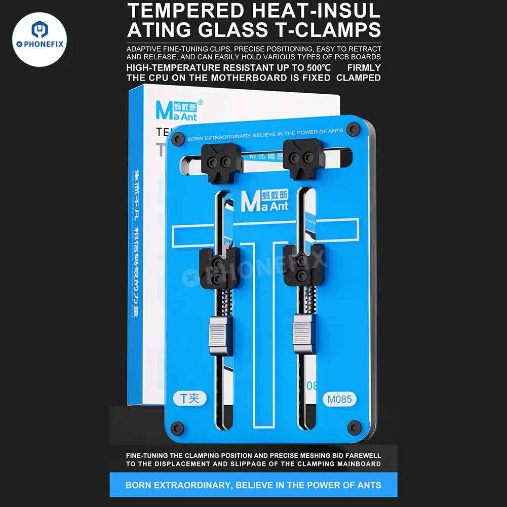 PHONEFIX MaAnt FY01 M085 tempered glass clamp for insulation, used as a motherboard test fixture and phone PCB holder.