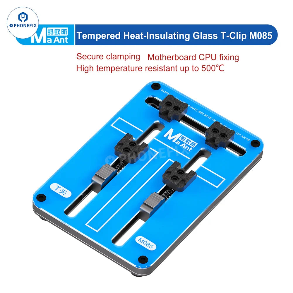 PHONEFIX MaAnt FY01 M085 tempered insulation glass clamp used as motherboard test fixture for phone PCB testing.