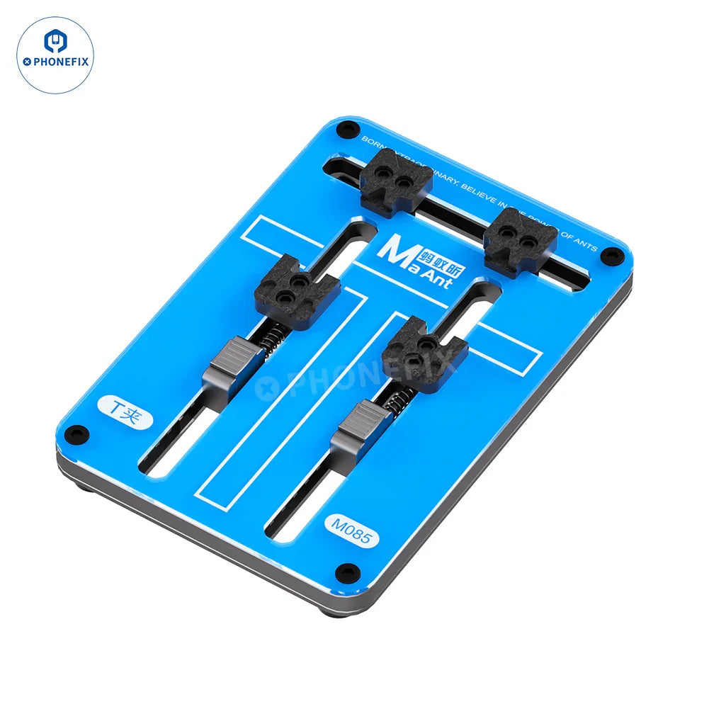PhoneFIX MaAnt FY01 M085 tempered insulation glass clamp for PCB testing, used as a motherboard test fixture.