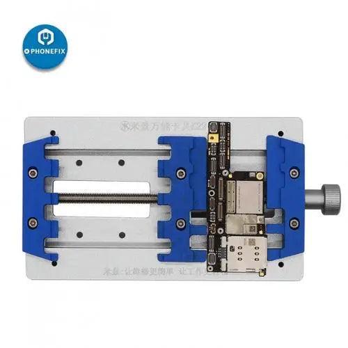 PHONEFIX MJ K23 Dual Shaft PCB Soldering Holder for phone repair, motherboard test fixture with adjustable clamps and dual shafts.
