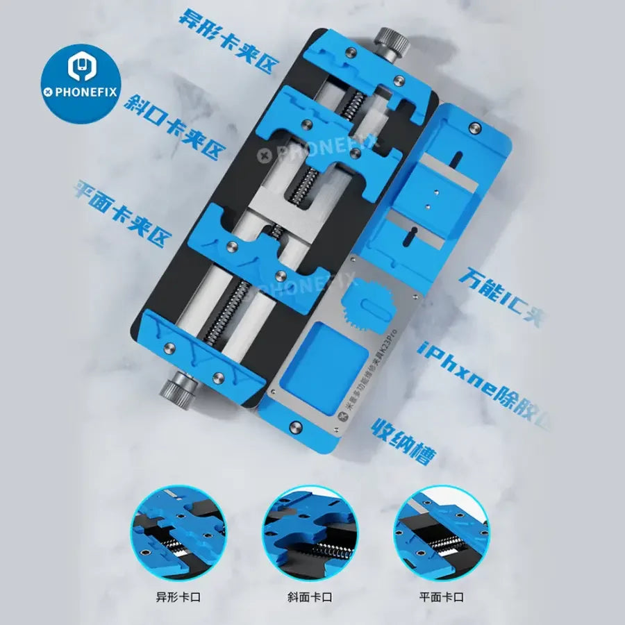 PhoneFix Mijing K23 Pro PCB soldering fixture for phone BGA motherboard repair, used for precise testing and rework.