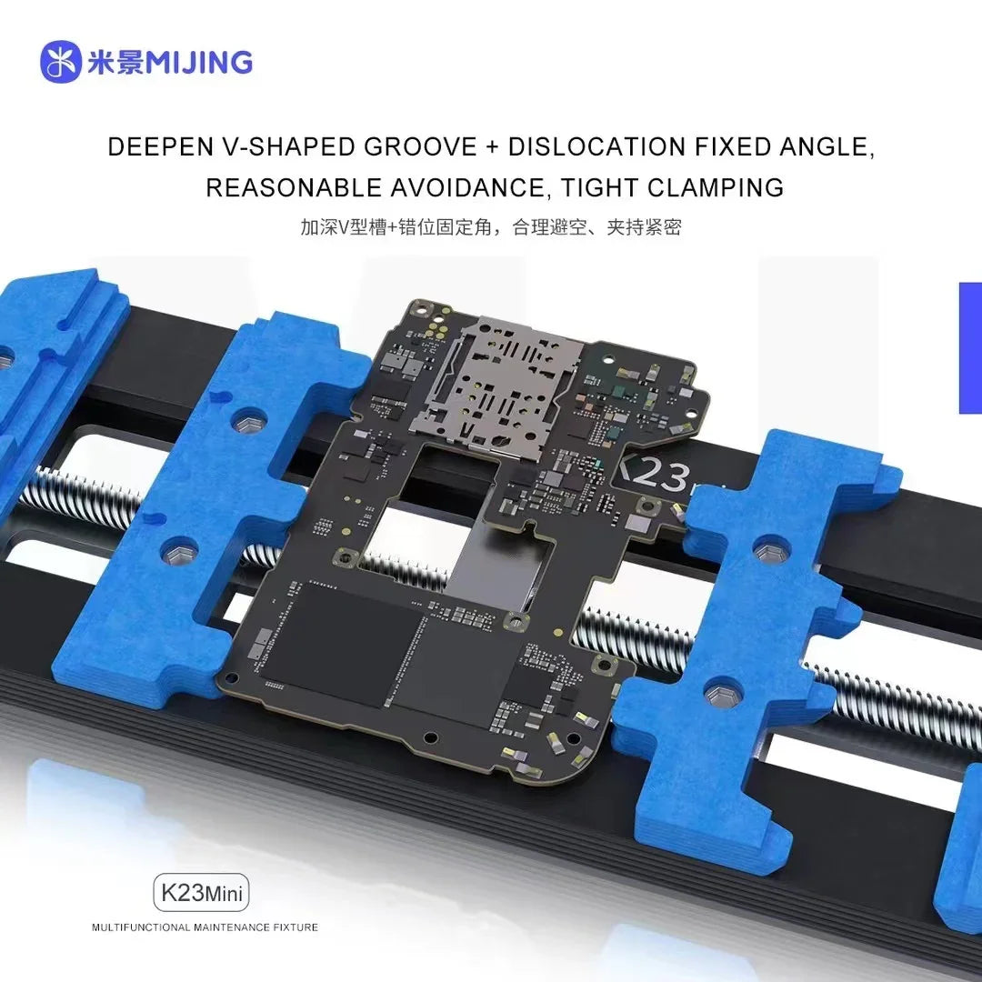 PhoneFix Mijing K23 Pro PCB Soldering Fixture for phone BGA motherboard repair, used for precise testing and soldering.