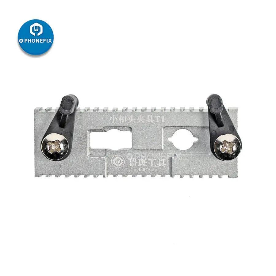 PHONEFIX Luban T1 front camera fixture for dot projector repair, used as a motherboard test fixture for camera and projector testing.