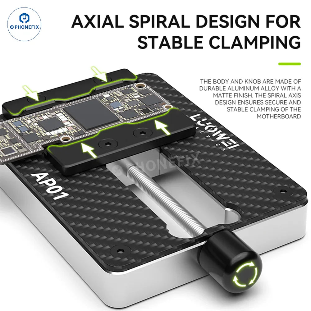 LUOWEI LW-AP01 LW-AP02 carbon fiber motherboard test fixture by PHONEFIX, showing the fixture's structure and design for testing.