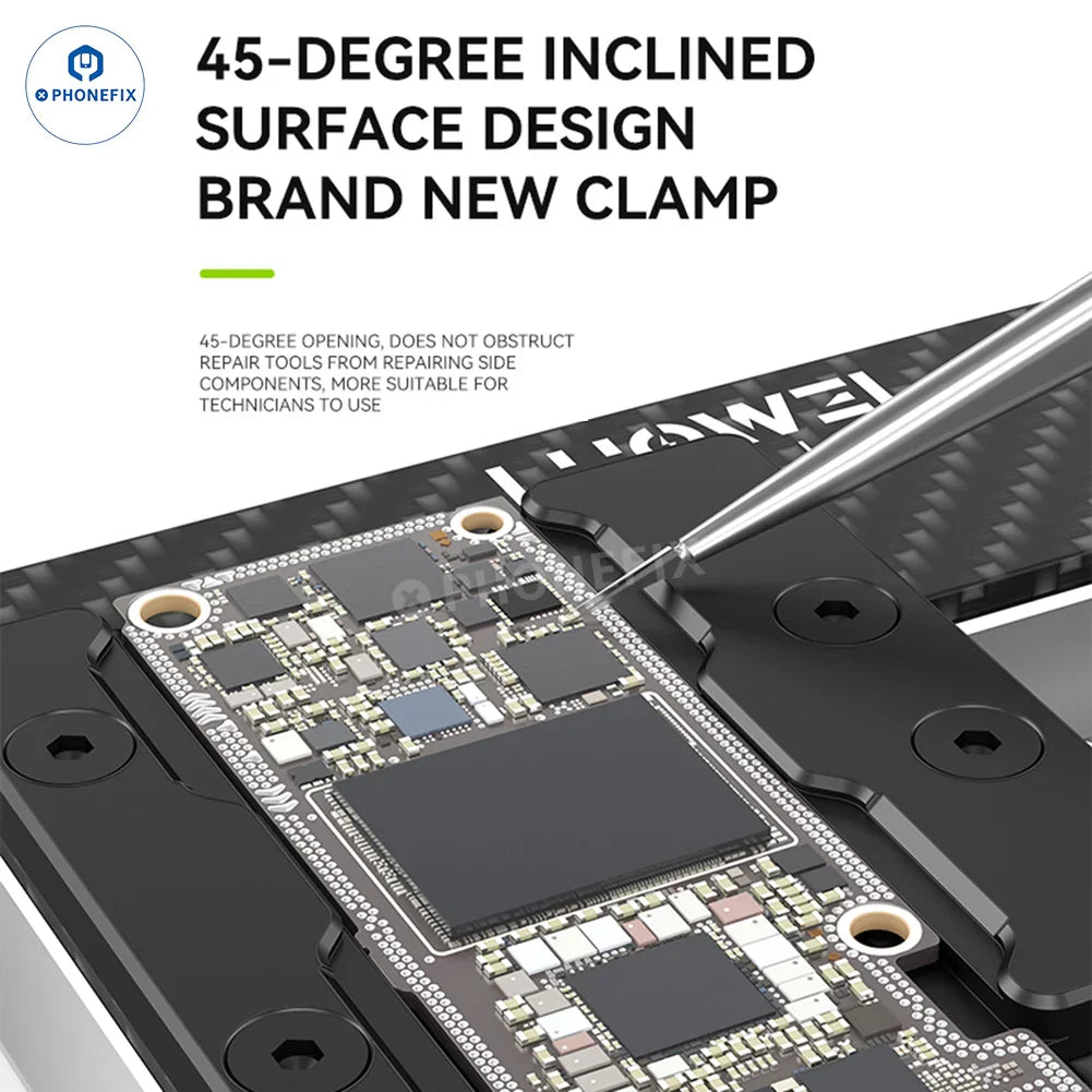 LUOWEI LW-AP01 LW-AP02 carbon fiber motherboard test fixture with PHONEFIX branding, designed for electronic component testing.