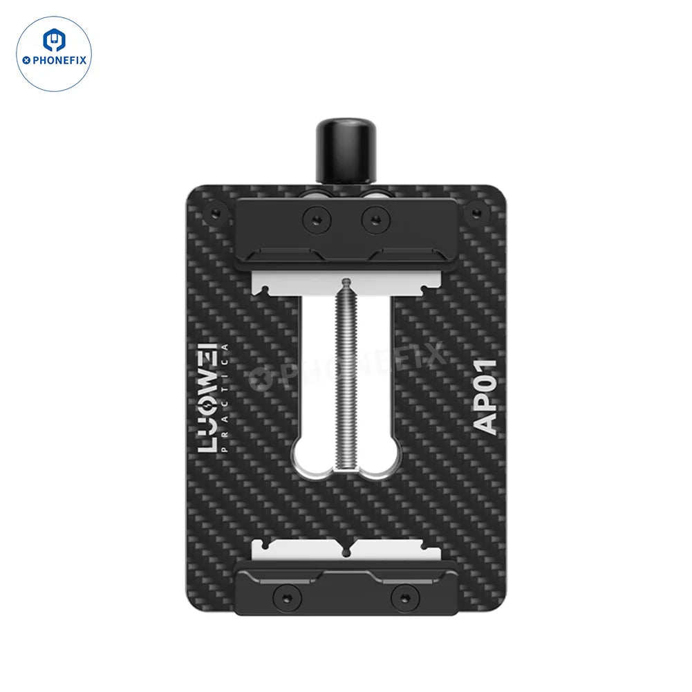LUOWEI LW-AP01 LW-AP02 carbon fiber motherboard test fixture with PHONEFIX branding, showing the fixture's structure and components.