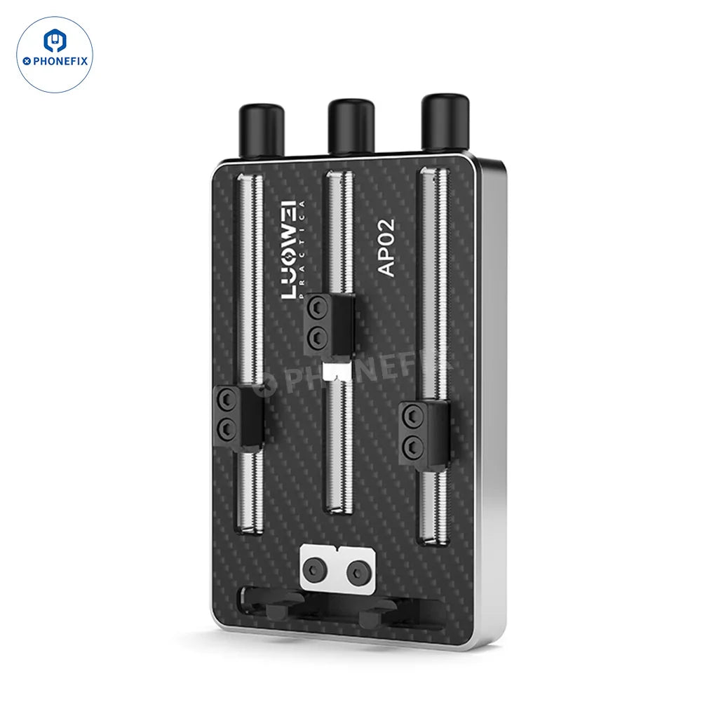 LUOWEI LW-AP01 LW-AP02 carbon fiber motherboard test fixture with PHONEFIX branding, used for electronics repair and testing.