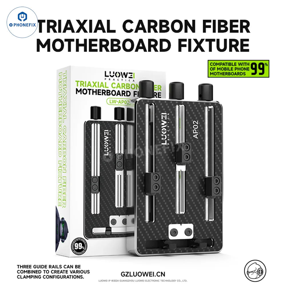 LUOWEI LW-AP01 LW-AP02 carbon fiber motherboard test fixture on a workbench, used for smartphone repair and testing.