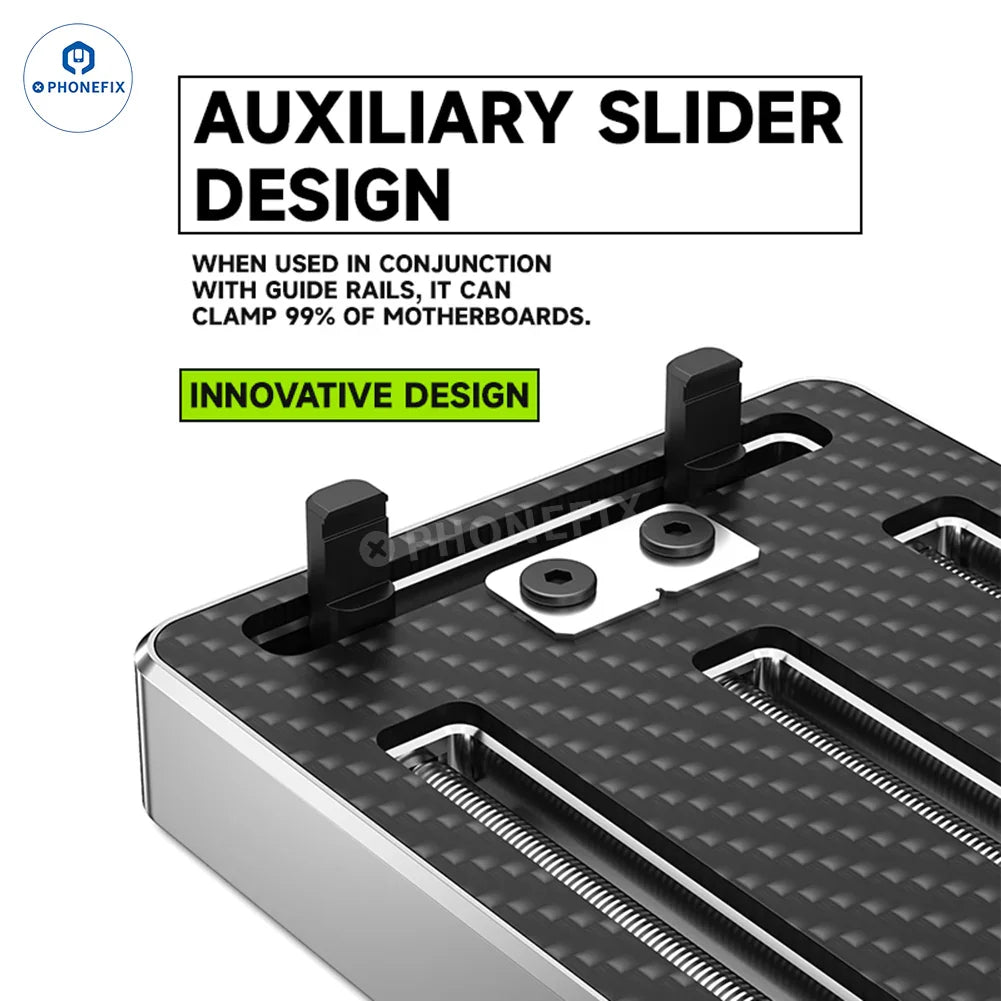 LUOWEI LW-AP01 LW-AP02 carbon fiber motherboard test fixture with PHONEFIX branding, designed for electronic testing and repair.