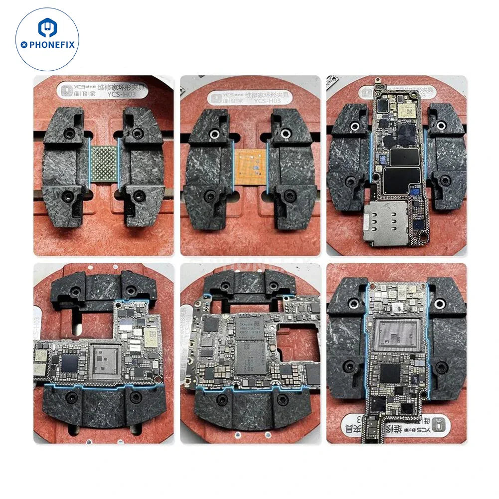 Mechanic MK1 Mini Rotary Motherboard Fixture by PHONEFIX for testing logic boards, showing the compact test holder with mounted motherboard.