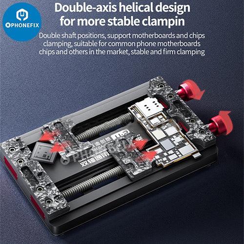 QIANLI MEGA-IDEA JJ-2 double-axis universal motherboard fixture for testing and repairing phone motherboards, by PHONEFIX.
