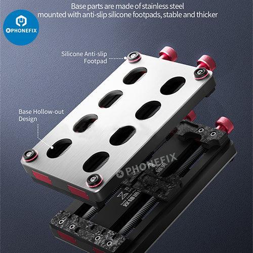 QIANLI MEGA-IDEA JJ-2 double-axis universal motherboard test fixture by PHONEFIX, showing adjustable clamps for testing motherboards.