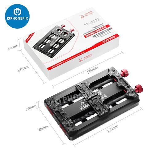 QIANLI MEGA-IDEA JJ-2 double-axis universal motherboard fixture for PHONEFIX, used for testing and repairing motherboards.