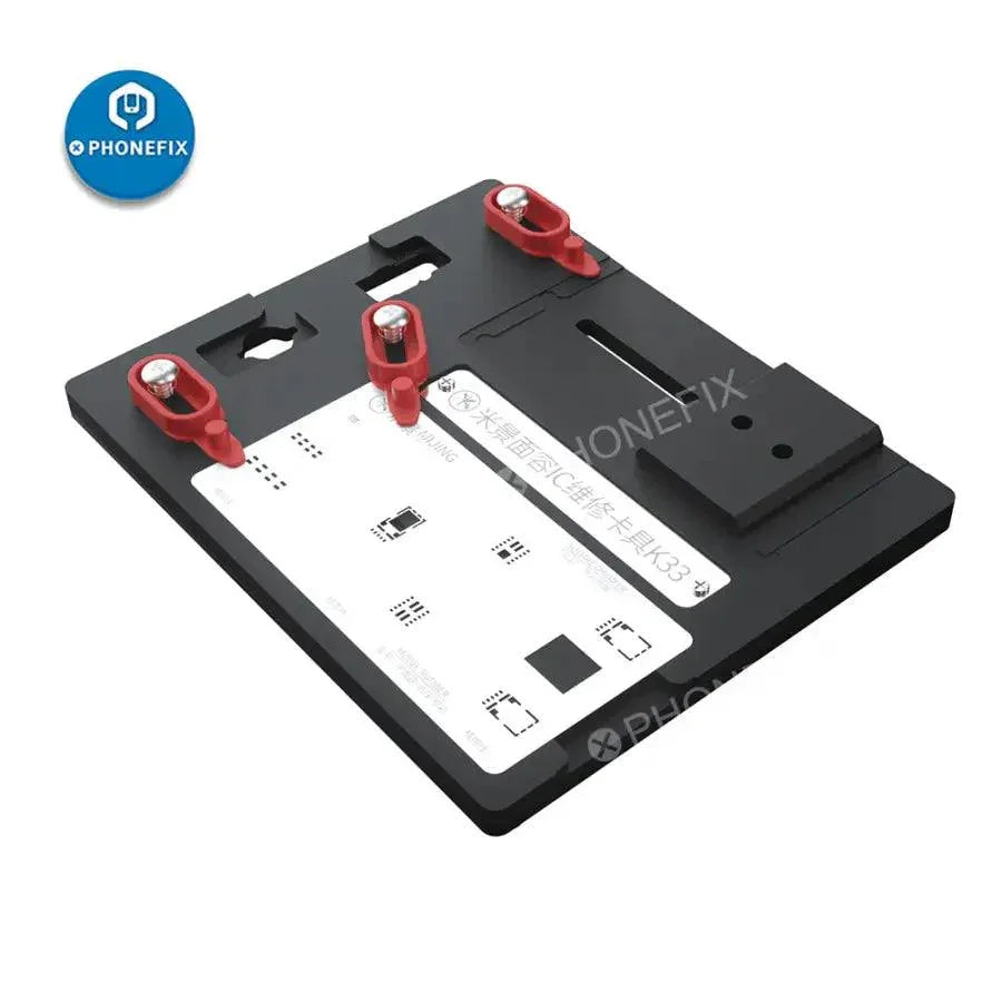 PHONEFIX MJ K33 front-facing motherboard test fixture for iPhone Face ID repair and maintenance testing.