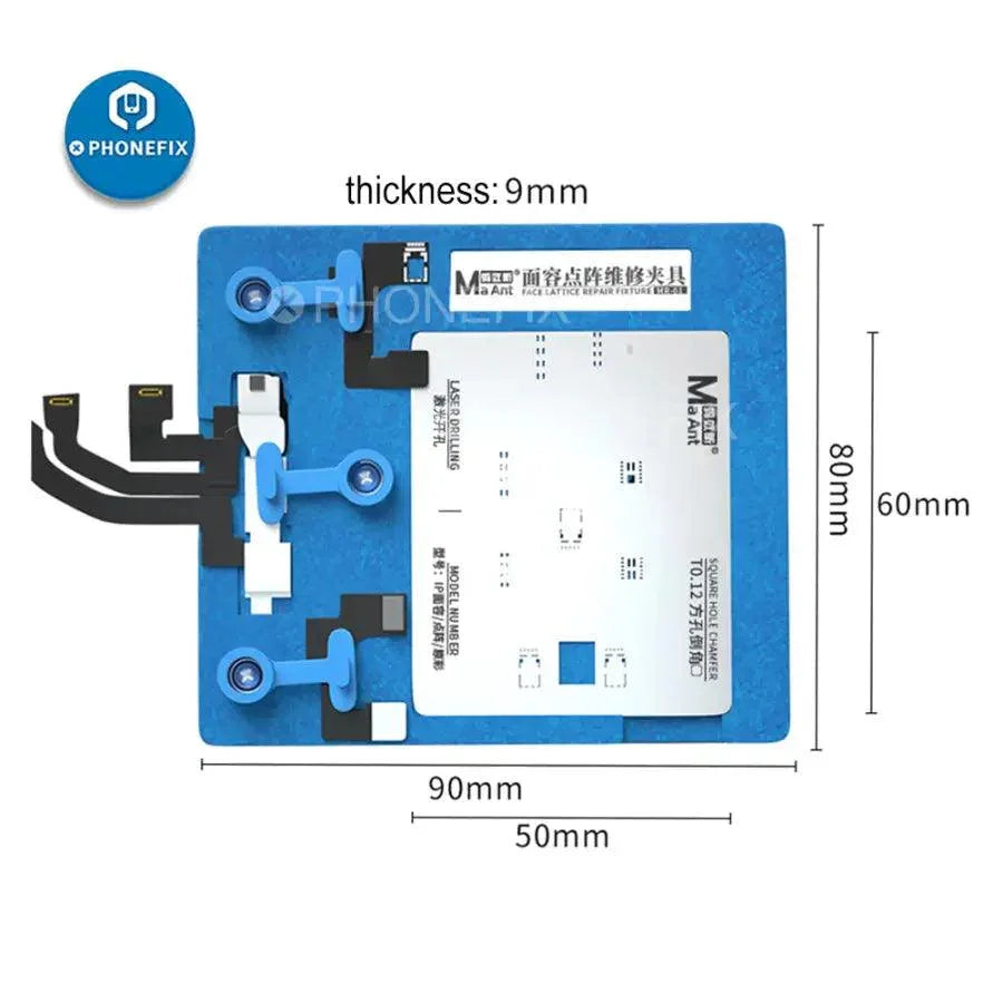 PHONEFIX Face ID Lattice Repair Fixture for iPhone X-16 Pro Max motherboard test and face ID repair, with dot matrix testing setup.