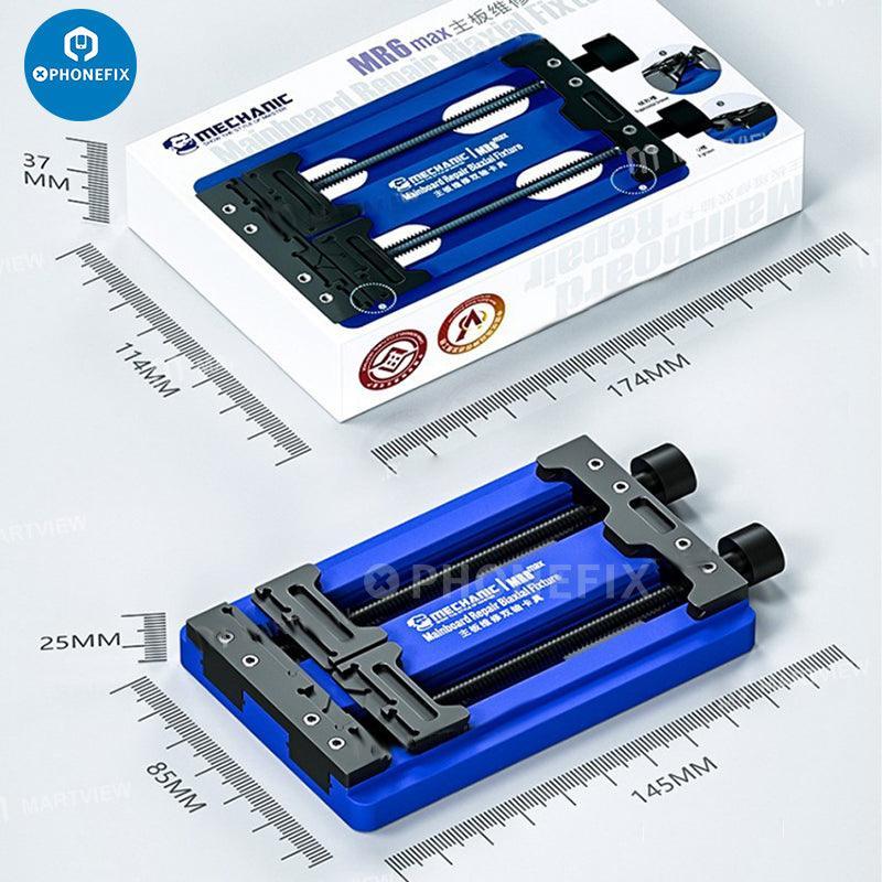 PhoneFIX Mechanic MR6 MAX PCB desoldering fixture for motherboards, used as a phone repair holder and test fixture.