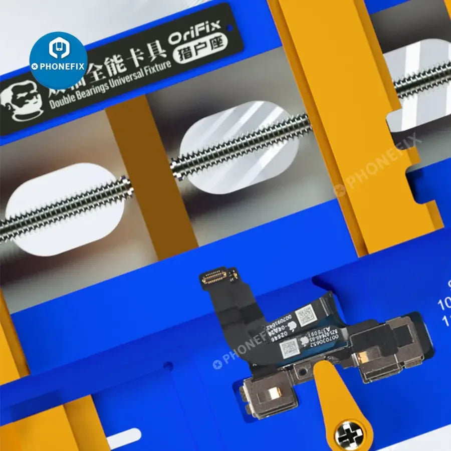 PhoneFix mechanic Orifix double beatings universal motherboard test fixture for phone CPU repair, shown with test components.