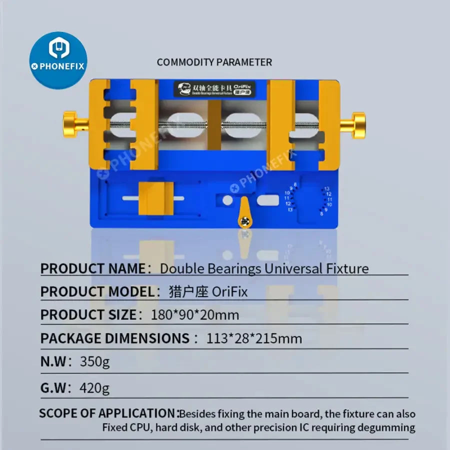 PHONEFIX MECHANIC Orifix Double Beatings universal motherboard test fixture for phone CPU repair, shown with test points and fixture components.