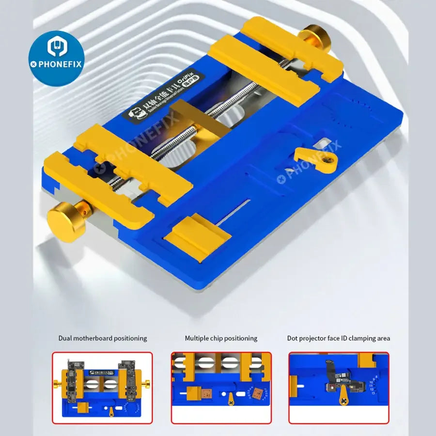 PhoneFix mechanic Orifix double beatings universal motherboard test fixture for phone CPU repair, shown with testing components.