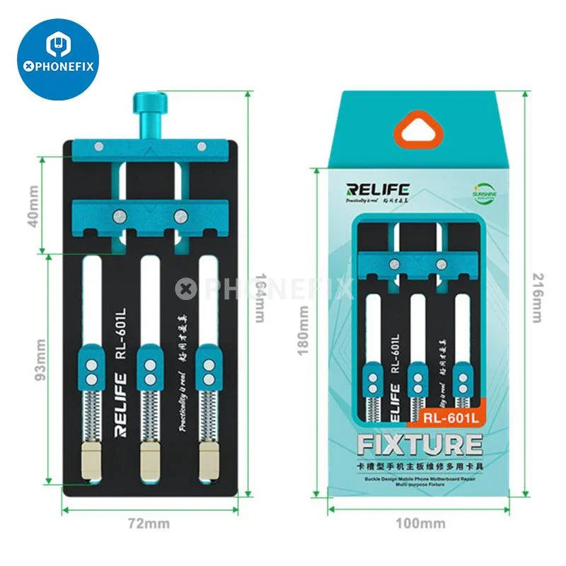 RL-601L Mini Universal Motherboard Fixture by PHONEFIX with rotatable clamp for testing and securing motherboards during repairs.