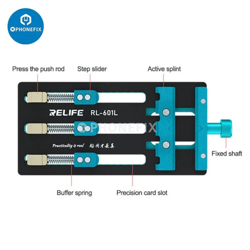 Phonefix RL-601L Mini Universal Motherboard Fixture with rotatable clamp for testing and securing motherboards during repairs.