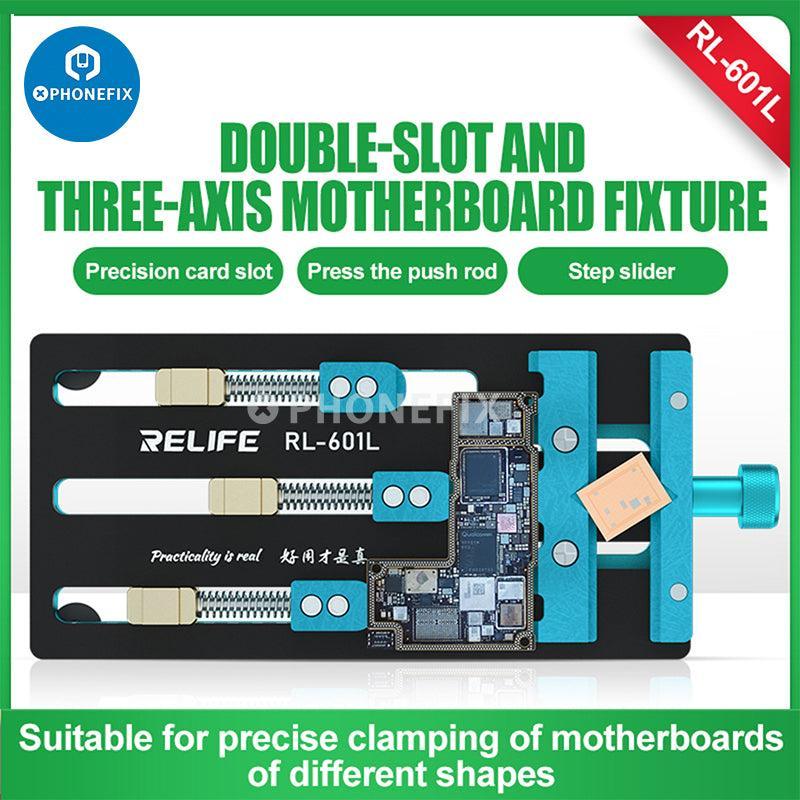 Phonefix RL-601L Mini Universal Motherboard Fixture with rotatable clamp for testing and repairing motherboards.