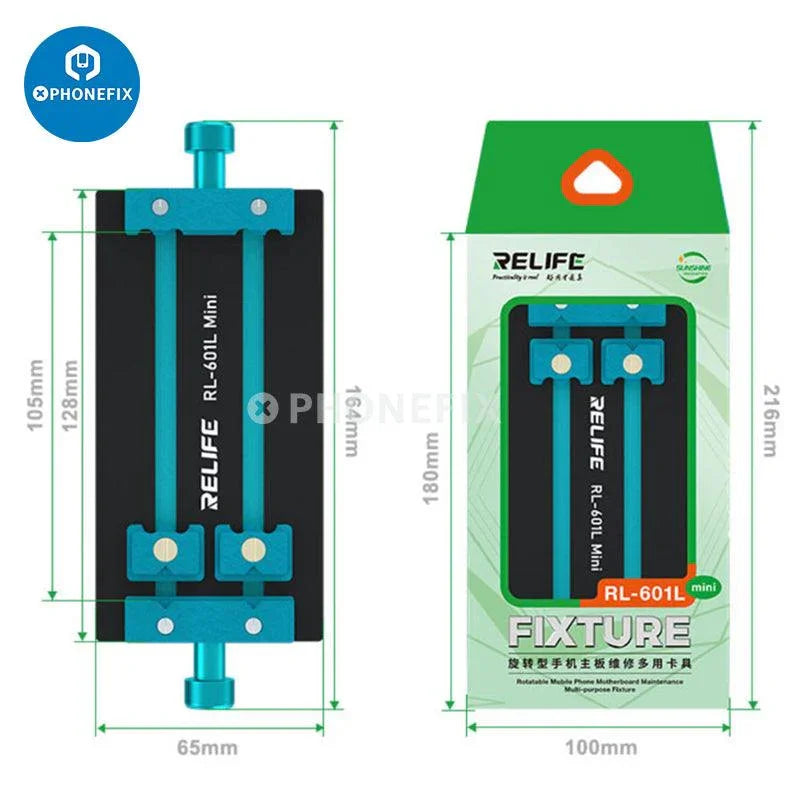 RL-601L Mini Universal Motherboard Fixture by PHONEFIX with rotatable clamp for testing and securing motherboards during repairs.