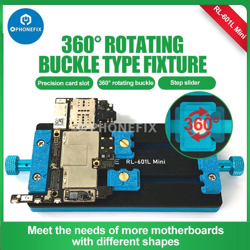 RL-601L Mini Universal Motherboard Fixture by PHONEFIX featuring a rotatable clamp for testing and securing motherboards.