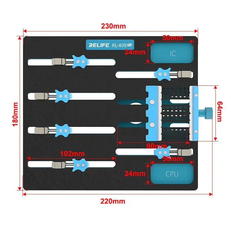 RL-601L Mini Universal Motherboard Fixture by PHONEFIX with rotatable clamp for testing and securing motherboards.