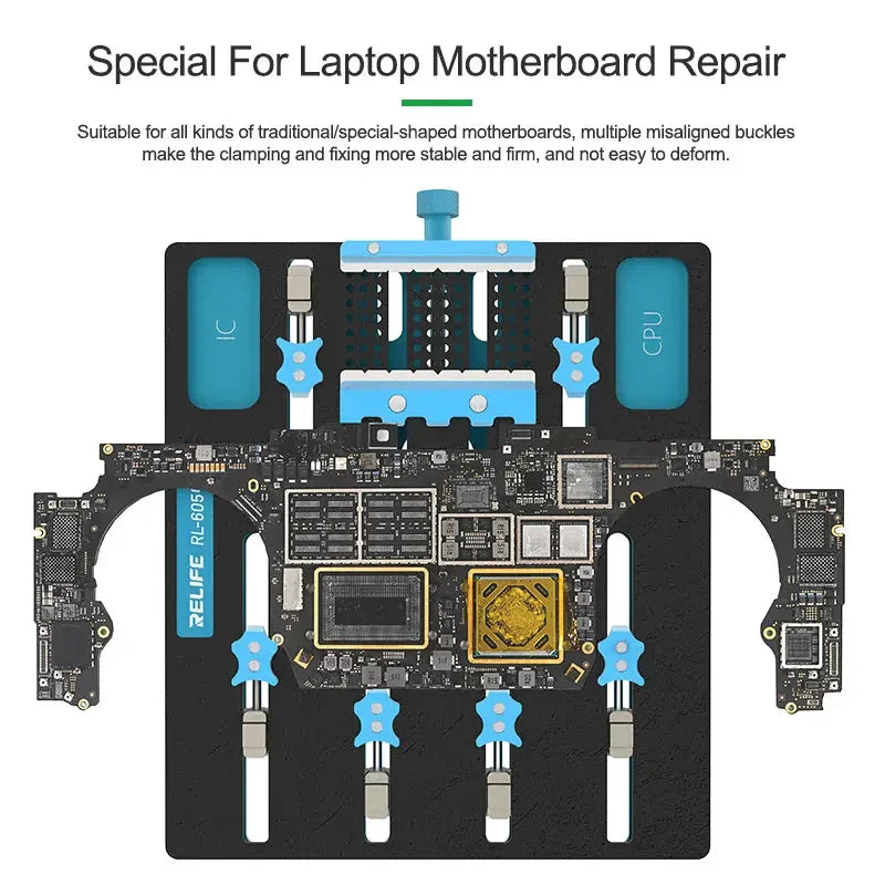 PhoneFix RL-601L Mini Universal Motherboard Fixture with rotatable clamp for testing and securing various motherboards.