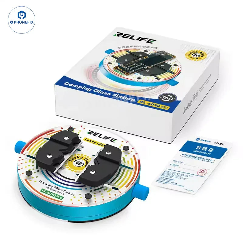 RELIFE RL-601Q PRO rotating glass fixture for phone PCB IC welding, used as a motherboard test fixture for precise electronics work