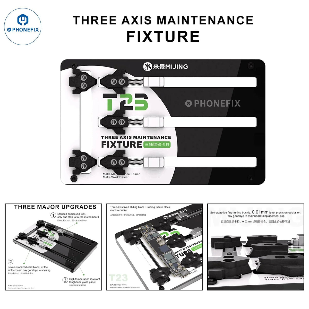 Dispositivo de soldadura de circuitos integrados de PCB para teléfonos MIJING T22, T23 MAX y T33 PRO para pruebas de placas base, de PHONEFIX, que se muestra en la imagen.
