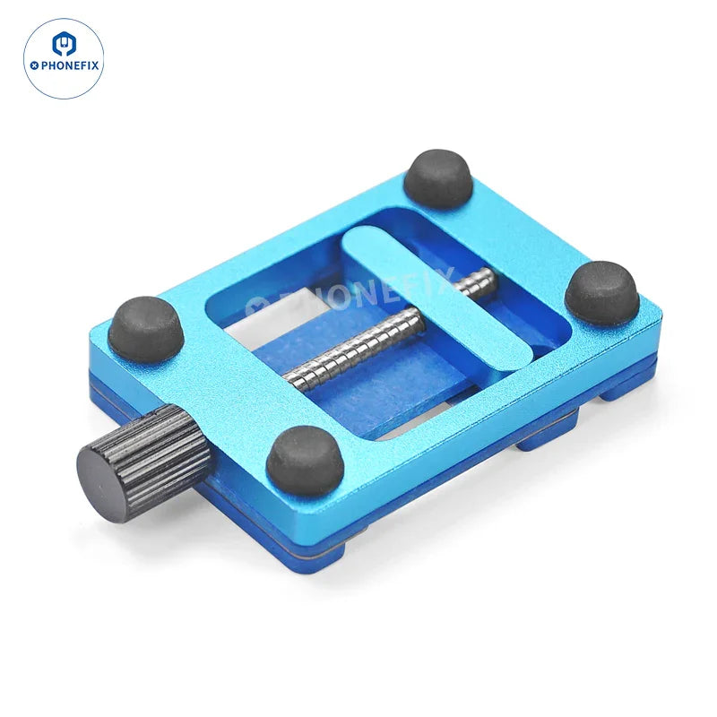 PhoneFIX iPhone motherboard test fixture with heat-resistant soldering clamp, used for secure motherboard repair and testing.