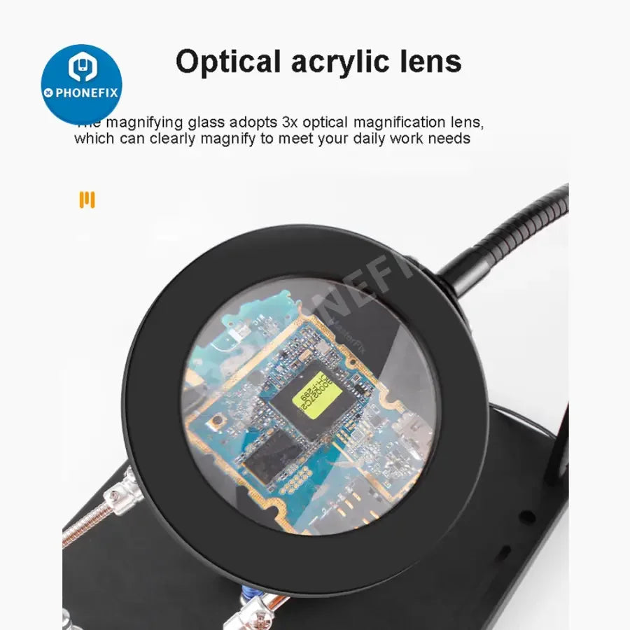 PHONEFIX motherboard test fixture with soldering iron station stand, welding magnifying glass clip, and secure holder for electronic repairs.