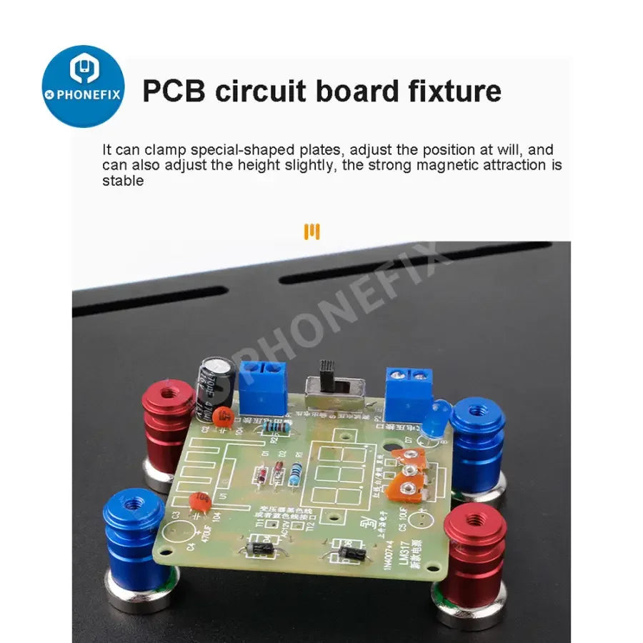 PhoneFix motherboard test fixture with soldering iron station stand, welding magnifying glass clip, and precise testing tools.