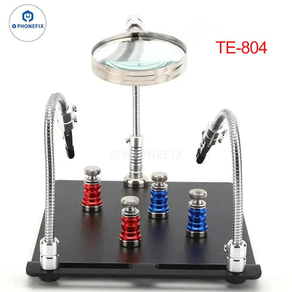 PhoneFix motherboard test fixture with soldering iron station stand, magnifying glass clip, for precise electronic repairs.