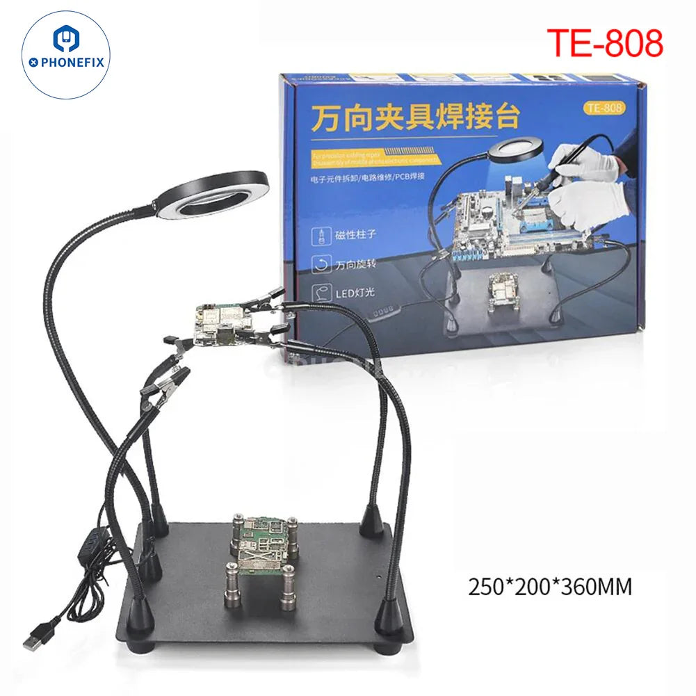 PHONEFIX motherboard test fixture with soldering iron station stand and magnifying glass clip, ideal for precise electronics work.