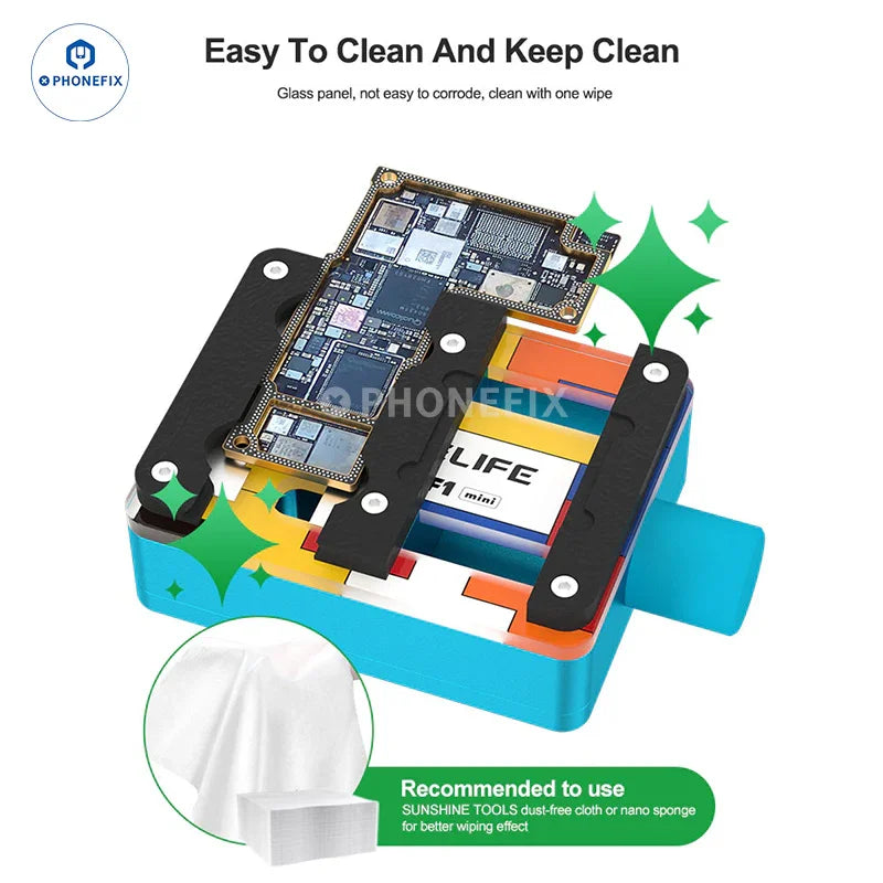 RELIFE TF1 Mini motherboard test fixture by PHONEFIX, with insulated glass PCB chip fixture for precise electronic testing.