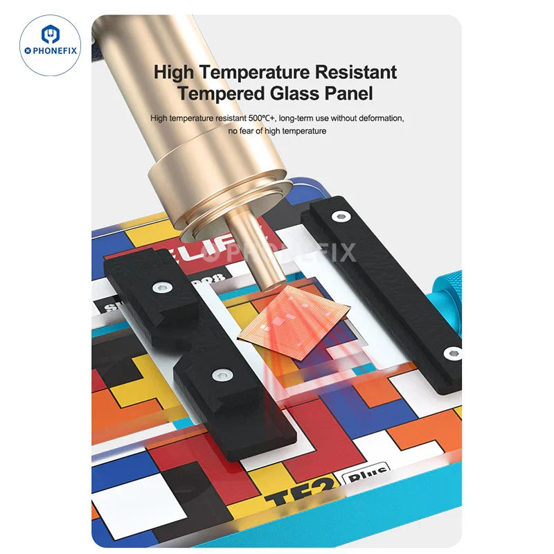 RELIFE TF2 Plus motherboard test fixture for PCB chips, designed for insulating glass and precise electronic testing.