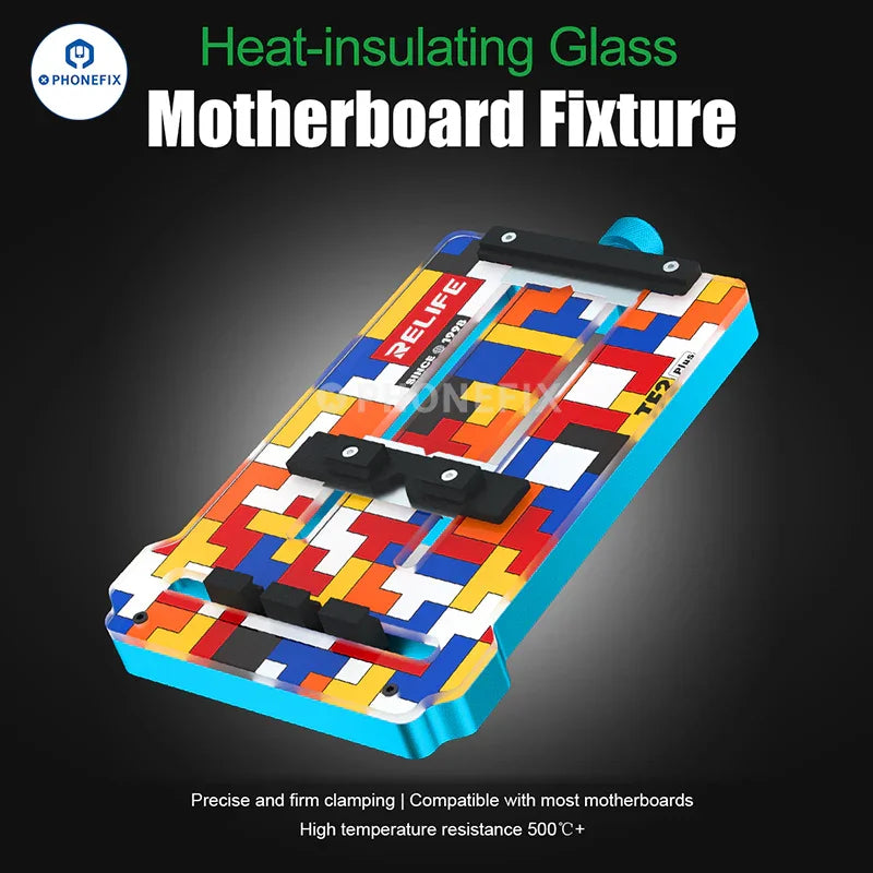 RELIFE TF2 Plus motherboard test fixture for PCB chip inspection, used with insulating glass and designed for reliable testing.
