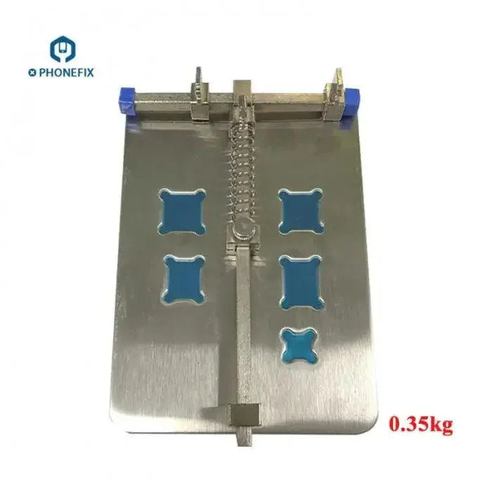 Banc de test PhoneFIX plaqué or pour carte mère, destiné au soudage et à la réparation des circuits imprimés de téléphones, avec un gabarit de fixation sécurisé pour un travail précis.