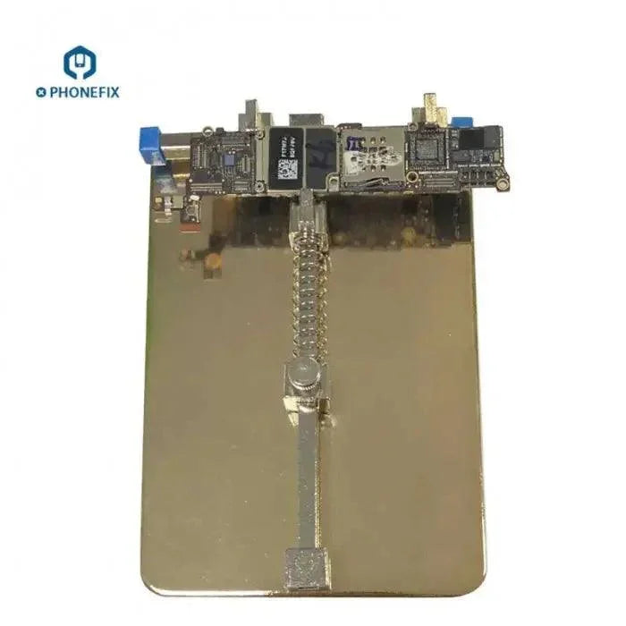 Banc de test de carte mère PhoneFix plaqué or pour support de circuit imprimé et station de soudage, idéal pour la réparation précise des téléphones.