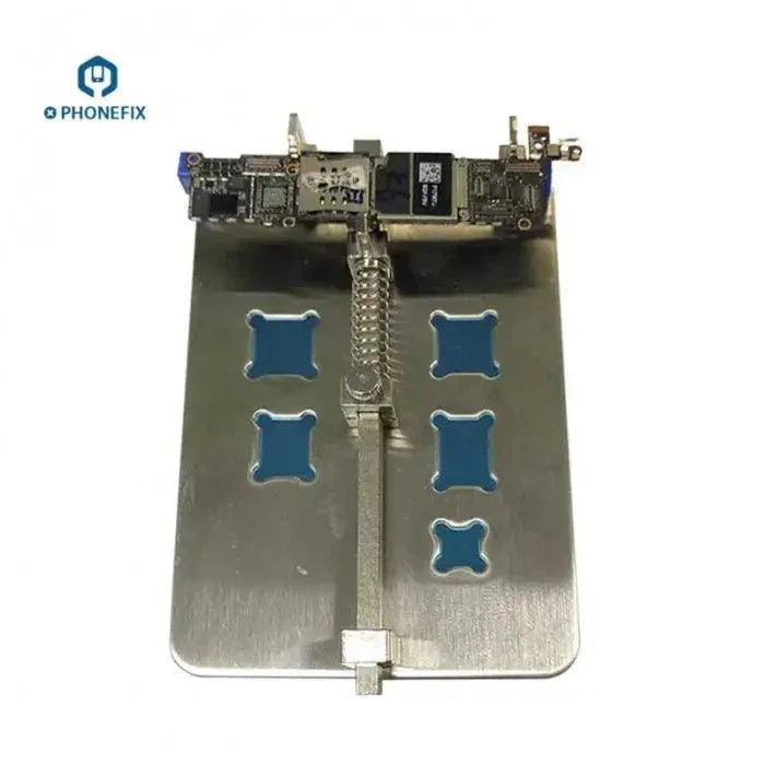 Support de circuit imprimé PhoneFix plaqué or pour le soudage et le test de cartes mères sur un poste de travail professionnel.